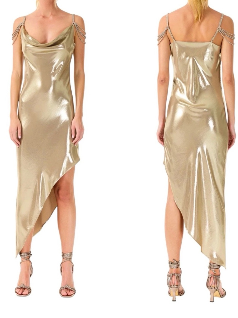 NWT My Beachy Side Charlotte Asymmetrical Bronze Shimmer Dress Liquid Metal Sz L